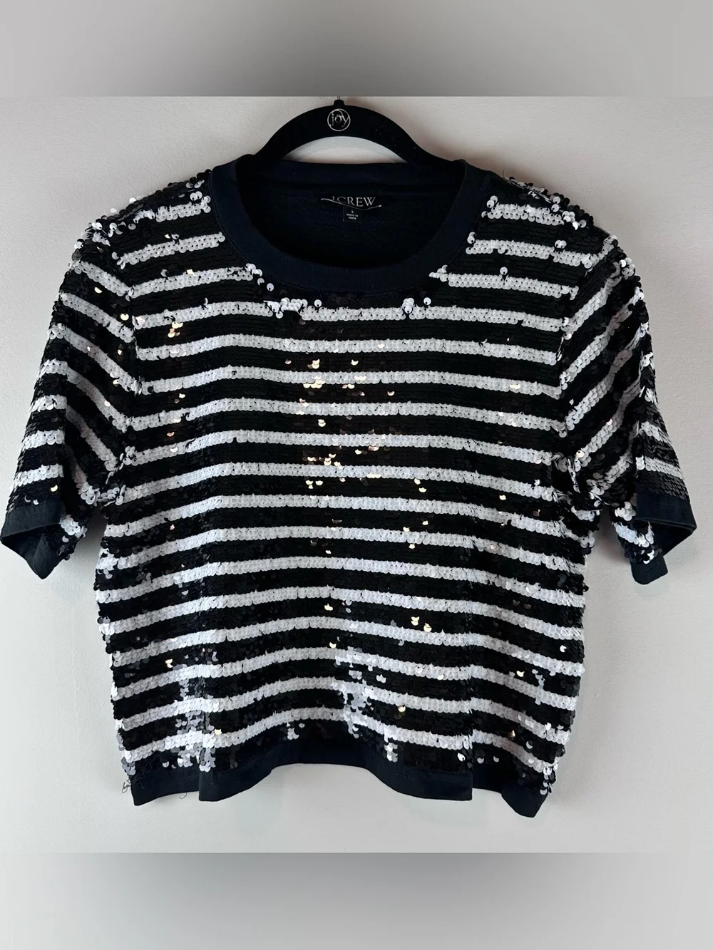 J. Crew Sequin Embellished Short Sleeve Black and White Striped Shirt Size S